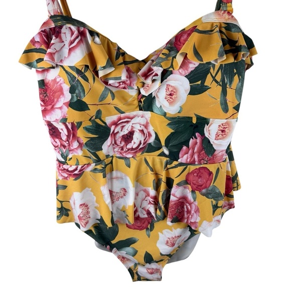 Torrid Wireless Lattice front Peplum one piece swimsuit in yellow floral - Picture 6 of 9